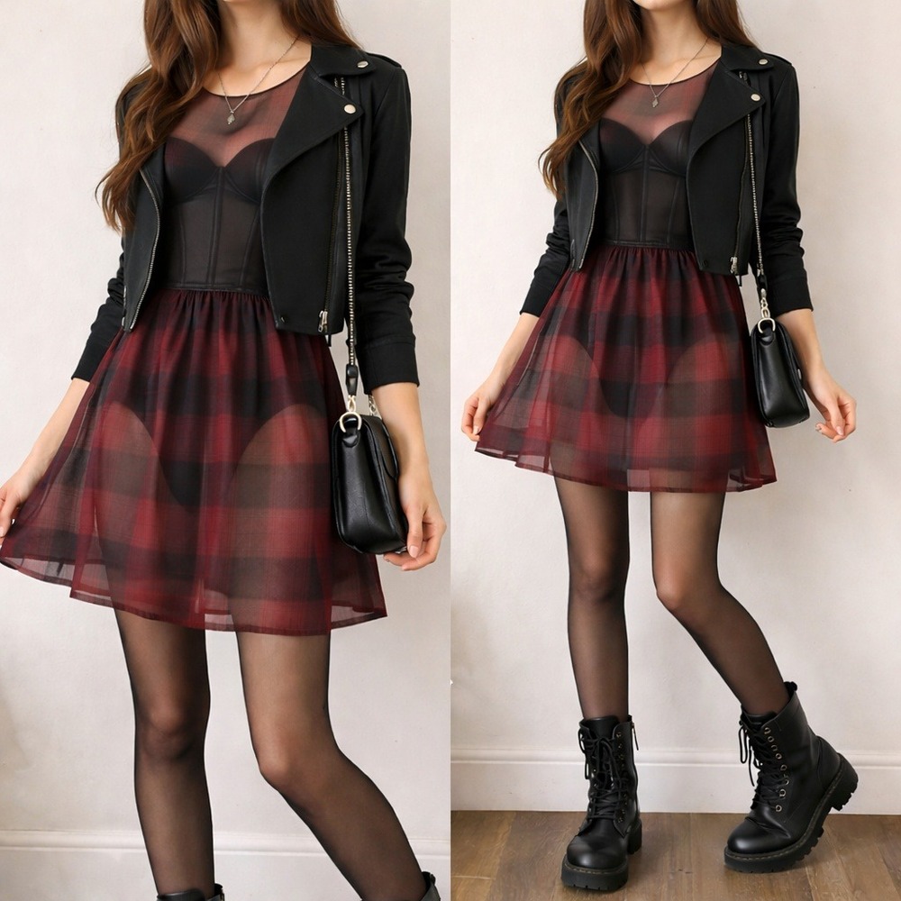 Seventeen Junior Sheer Plaid Dress Indie Sleaze Dark Academia Mallcore Y2K NWT